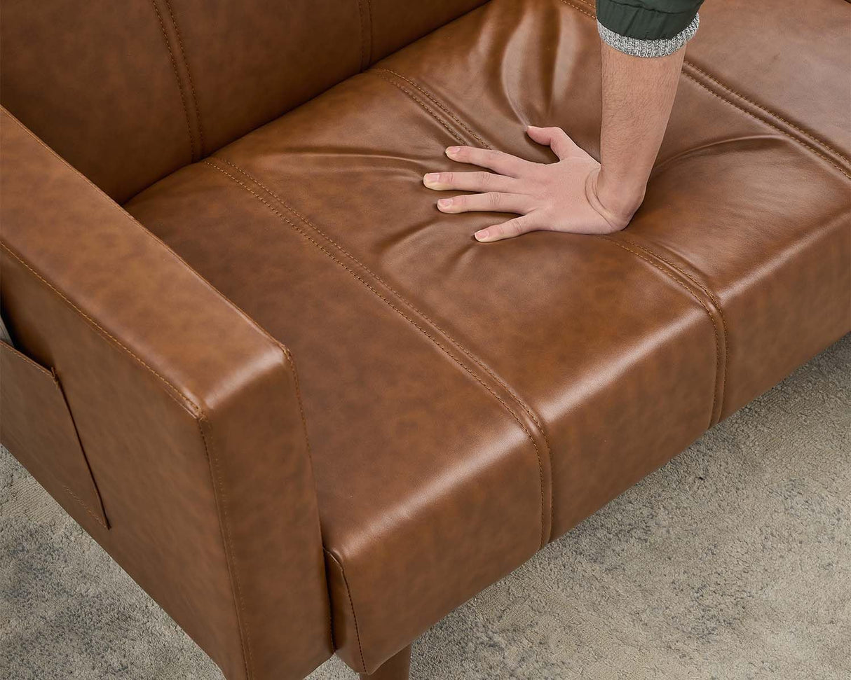 GarveeHome 75 in Futon Sofa Bed Mid-Century Futon Couch, PU Leathe Convertible Sleeper Couch with Adjustable Backrest, Loveseat and Side Pockets for Living Room & Bedroom (Brown) GarveeHome