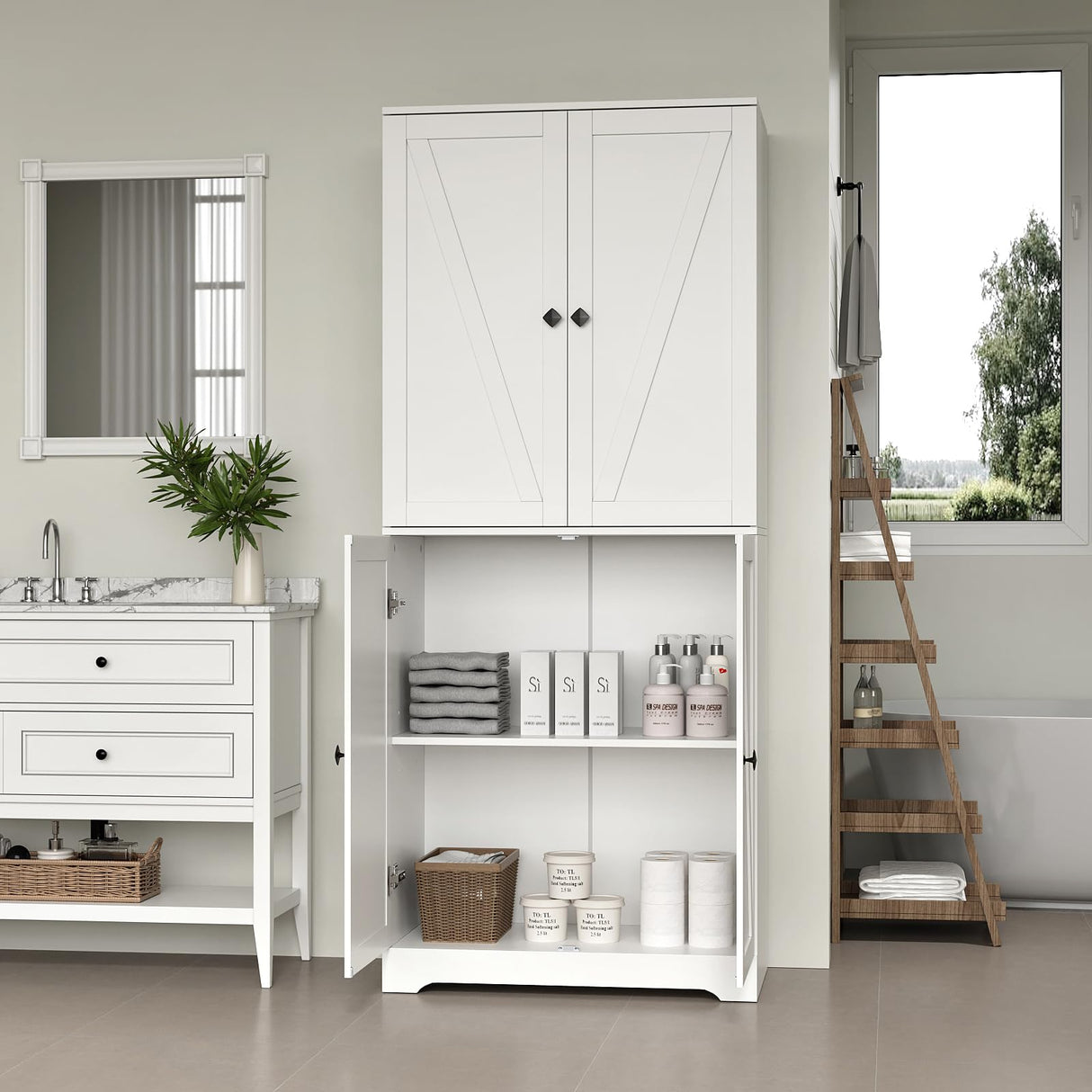 NOVAMAISON Kitchen Pantry Cabinet, 72” Tall Farmhouse Storage Cabinet with 4 Barn Doors and Adjustable Shelves, Pantry Cabinet Versatile Storage for Kitchen, Living Room, White NOVAMAISON