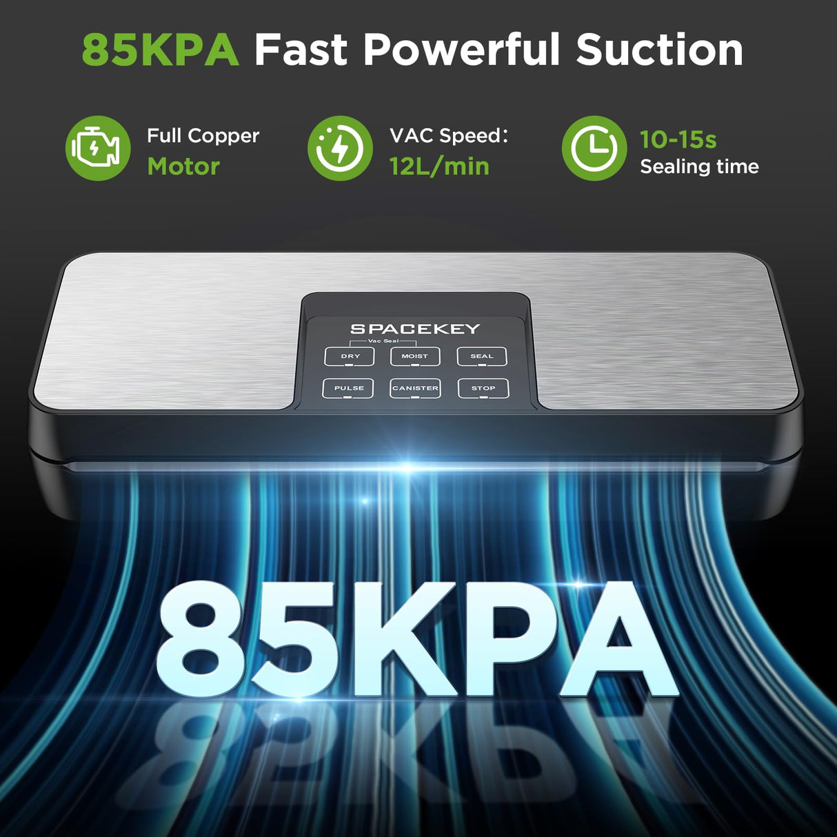 SPACEKEY Vacuum Sealer Machine, 85Kpa Food Sealer with Bag Roll Storage Space, 8-in-1 Food Vacuum Machine, Pulse Function, Dry&Moist Modes, Built in Cutter, Bag Roll included, Silver Spacekey