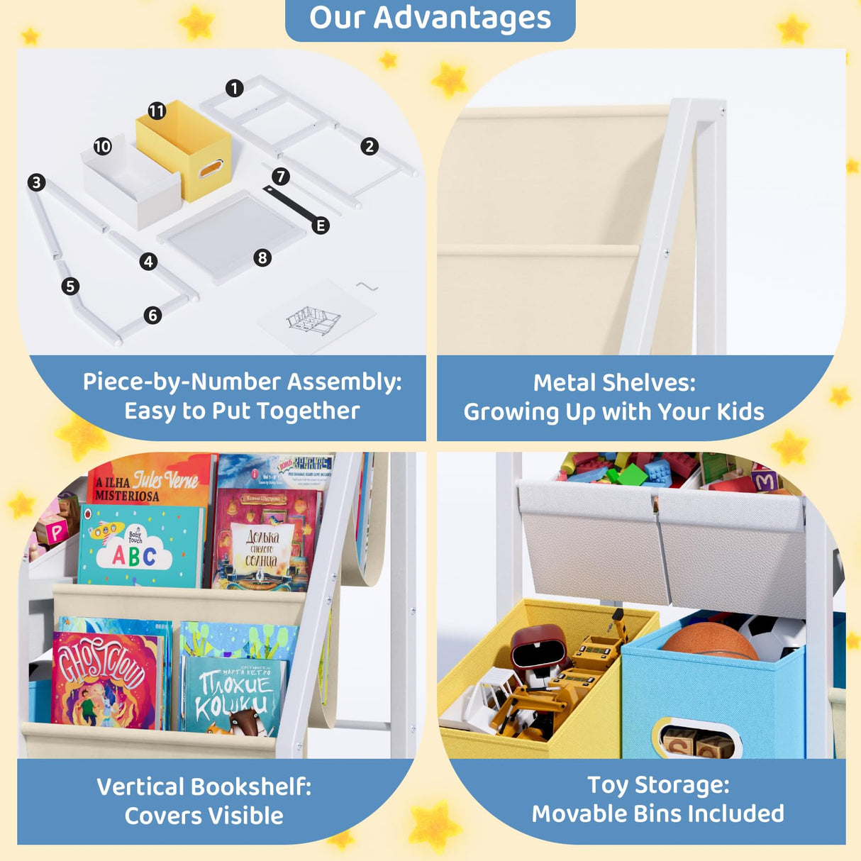 LATIBELL Kids Bookshelf Toy Storage Organizer - Book Shelf for Kid Rooms, 6 Toy Bins for Kid Organizer and 3 Sling Kids Bookcase, Toddler Baby Montessori Nursery Bookshelf Childrens Book Rack Display LATIBELL