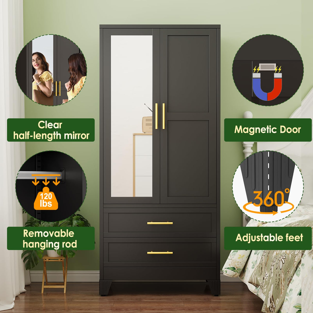 winiowa Metal Armoire Wardrobe Closet with 2 Drawers, 71" Wardrobe Cabinet with Adjustable Shelves and Hanging Rod, Clothing Storage Cabinet Closet with Mirror for Bedroom-Black winiowa