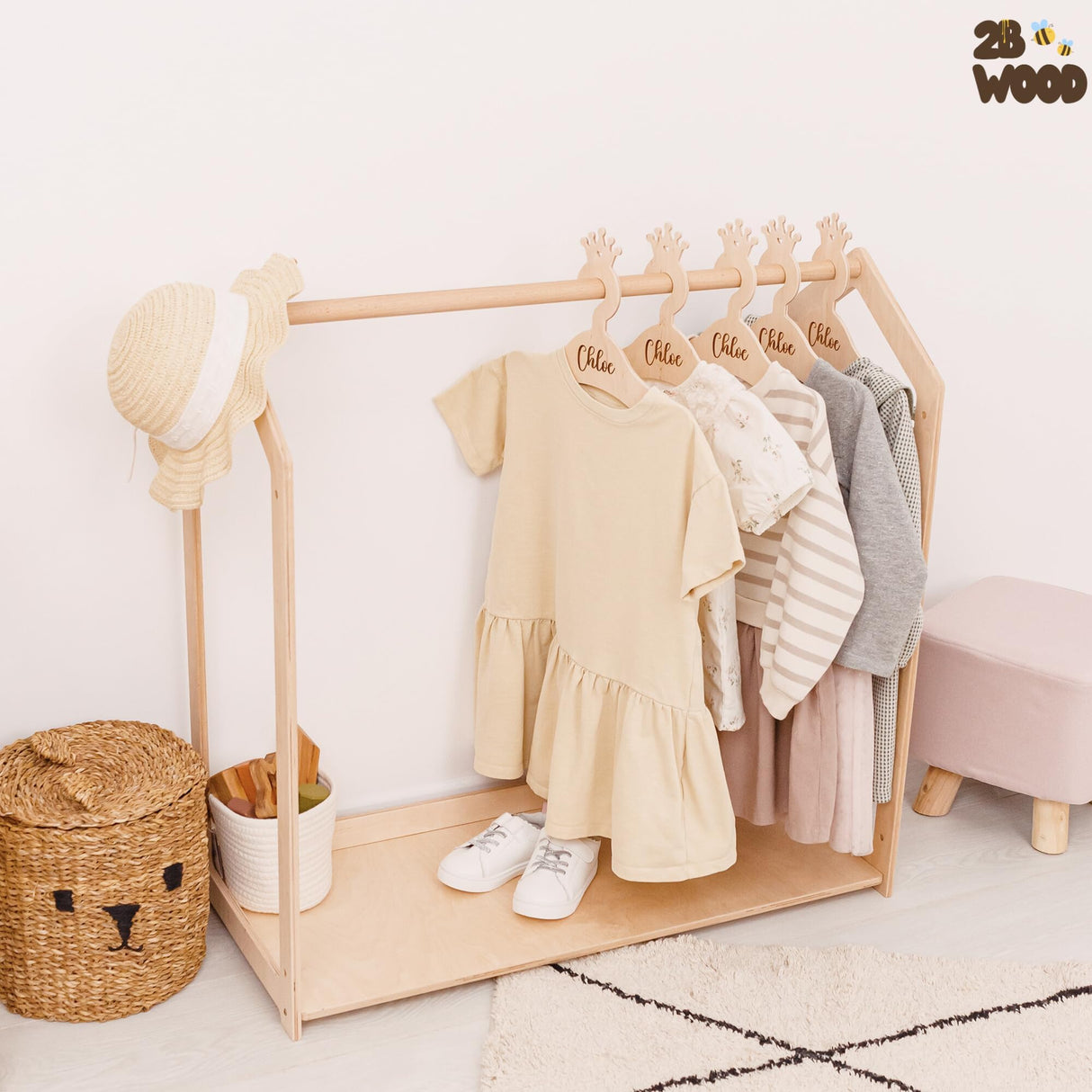 Personalized Small Clothes Rack for Hanging Clothes - Kids Dresser Dress Up Rack For Little Girls Clothing Rack for Kids Boys Toddler - Montessori Shelf Wardrobe Closet For Baby Clothes Kids Furniture 2B WOOD