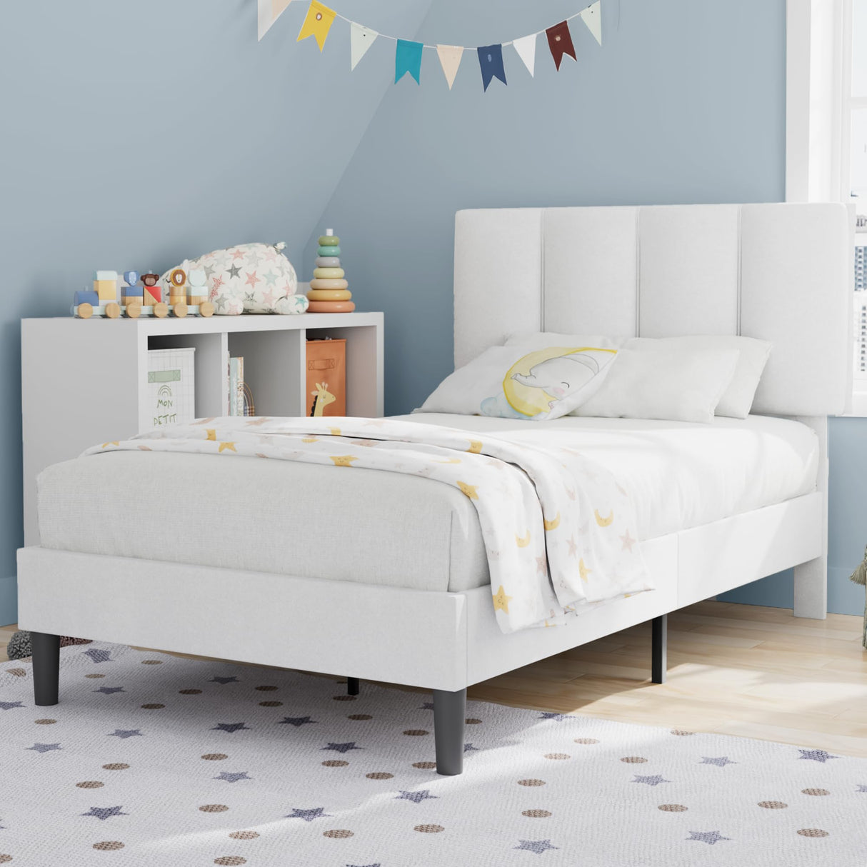 VECELO Twin Bed Frame with Upholstered Headboard, Heavy-Duty Platform Bedframe with Strong Wooden Slats Support, No Boxing Spring Needed, Pure White VECELO