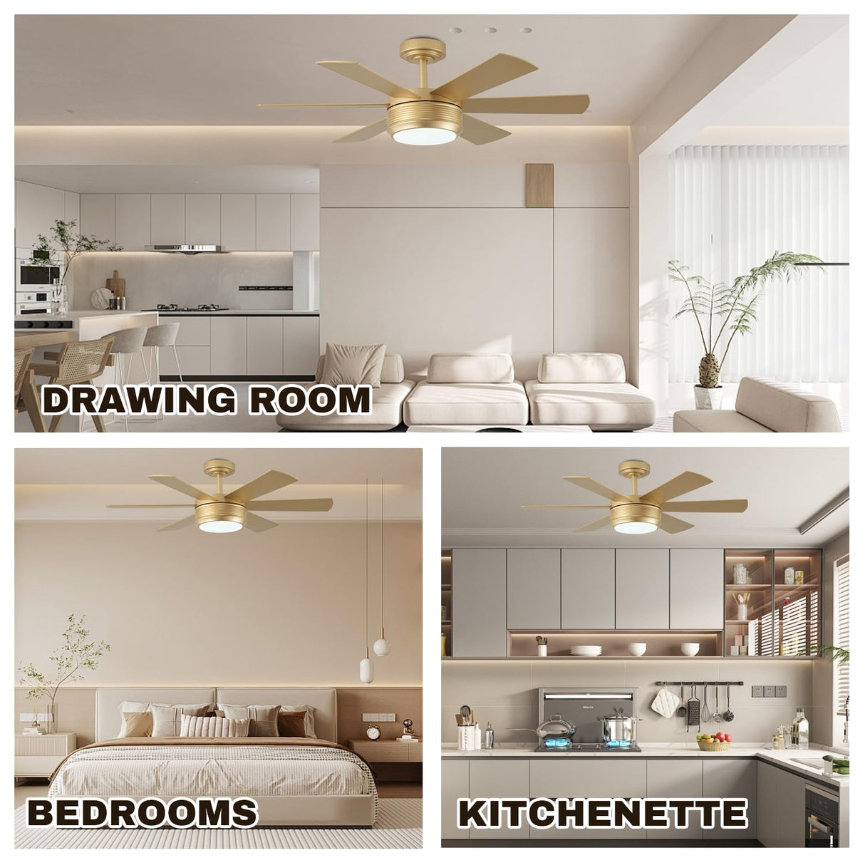 42 Inch Ceiling Fan with Lights and Remote, 6 Blade App Control Timer Reversible Stepless Brightness and Color Temperature Outdoor Wood Ceiling Fan with Lights (Gold, 42 Inch) SHOWDI