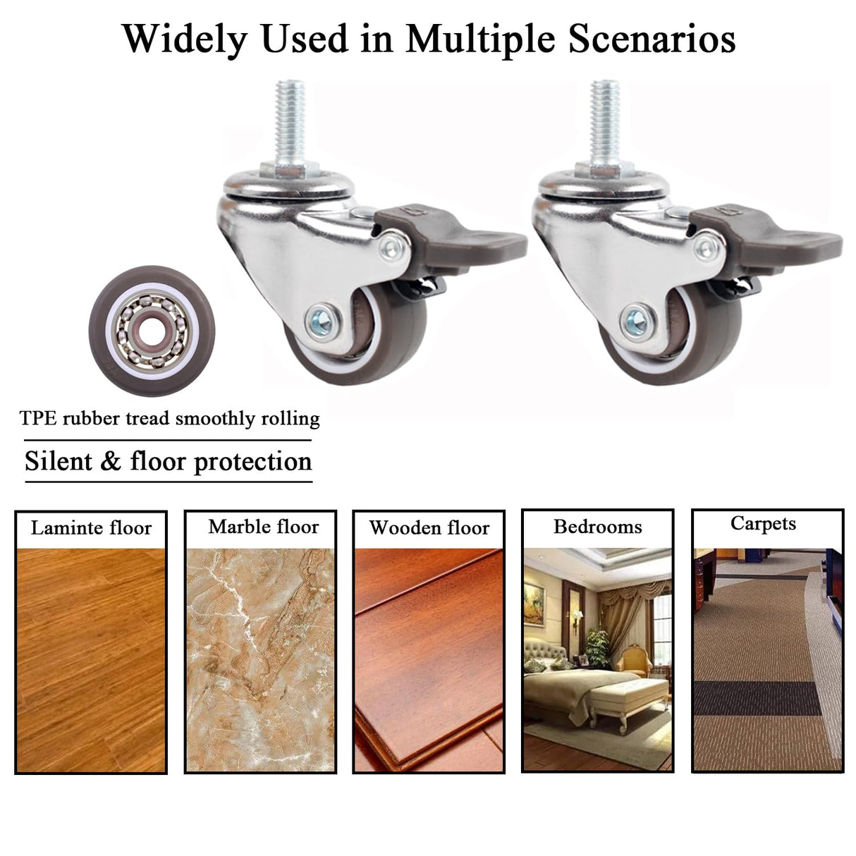 Luxinika 1 Inch Caster Wheels with M6 Threaded Stem, Small Swivel Stem Casters Set of 4 with Brakes, TPE Rubber Rolling 15 mm Screw Wheels for Furniture Tiny Shopping Cart Wire Shelving Luxinika