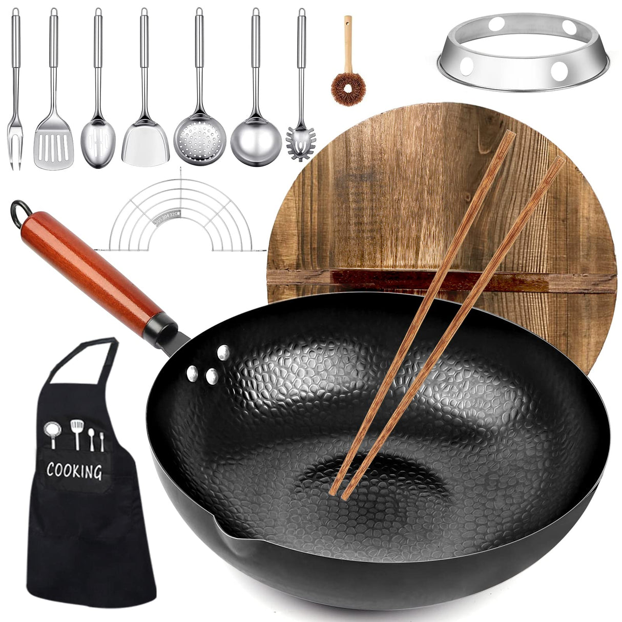 kaqinu Carbon Steel Wok Pan, 14 Piece Woks & Stir-Fry Pans Set with Wooden Lid Cookwares, No Chemical Coated Flat Bottom Chinese Pan for Induction, Electric, Gas, Halogen All Stoves - 12.6'' kaqinu