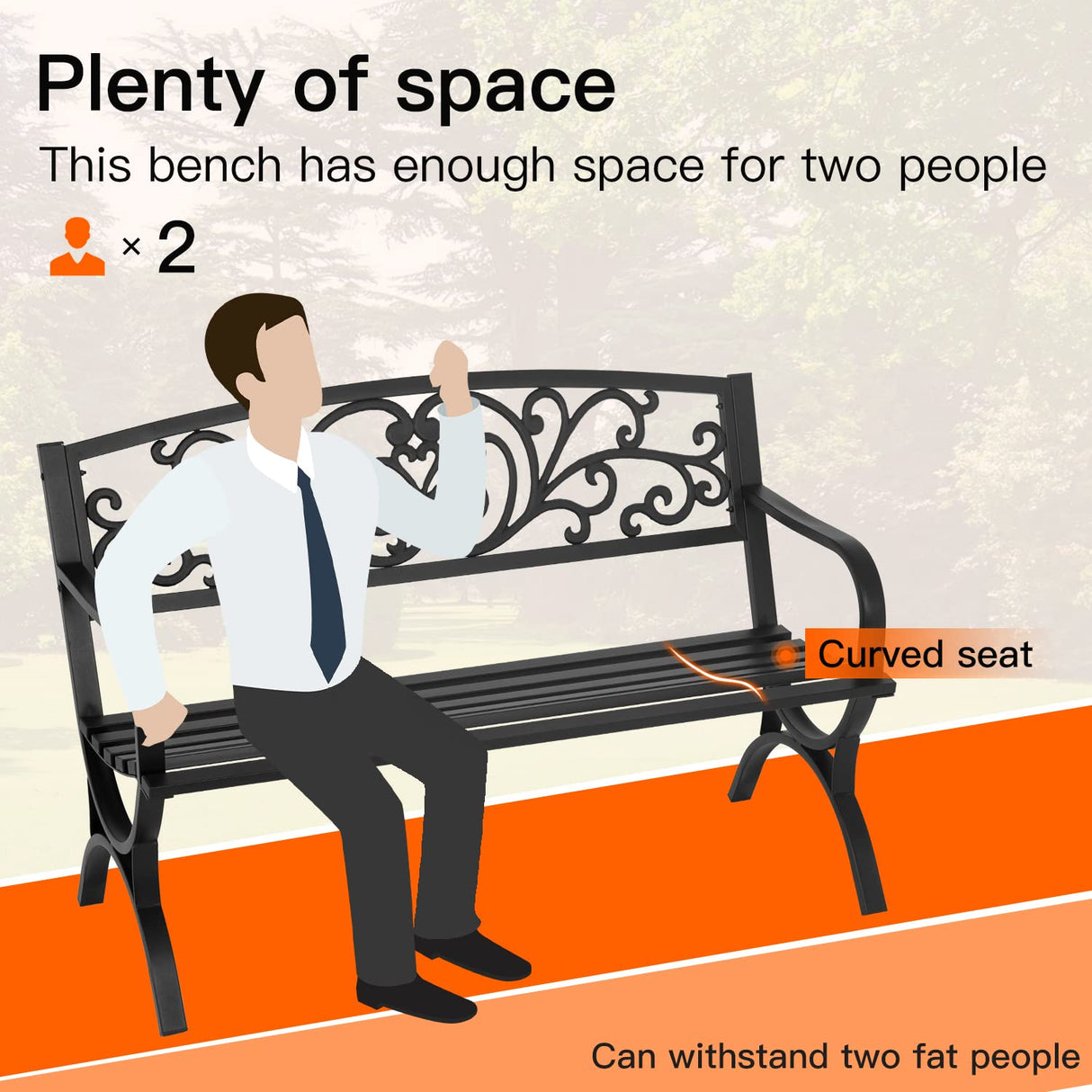 FDW Patio Garden Bench 50 inch Outdoor Metal Loveseat Chairs with Armrests Slatted Seat and w/Floral Design Backrest for Park, Yard, Porch, Lawn, Balcony, Backyard, Black FDW