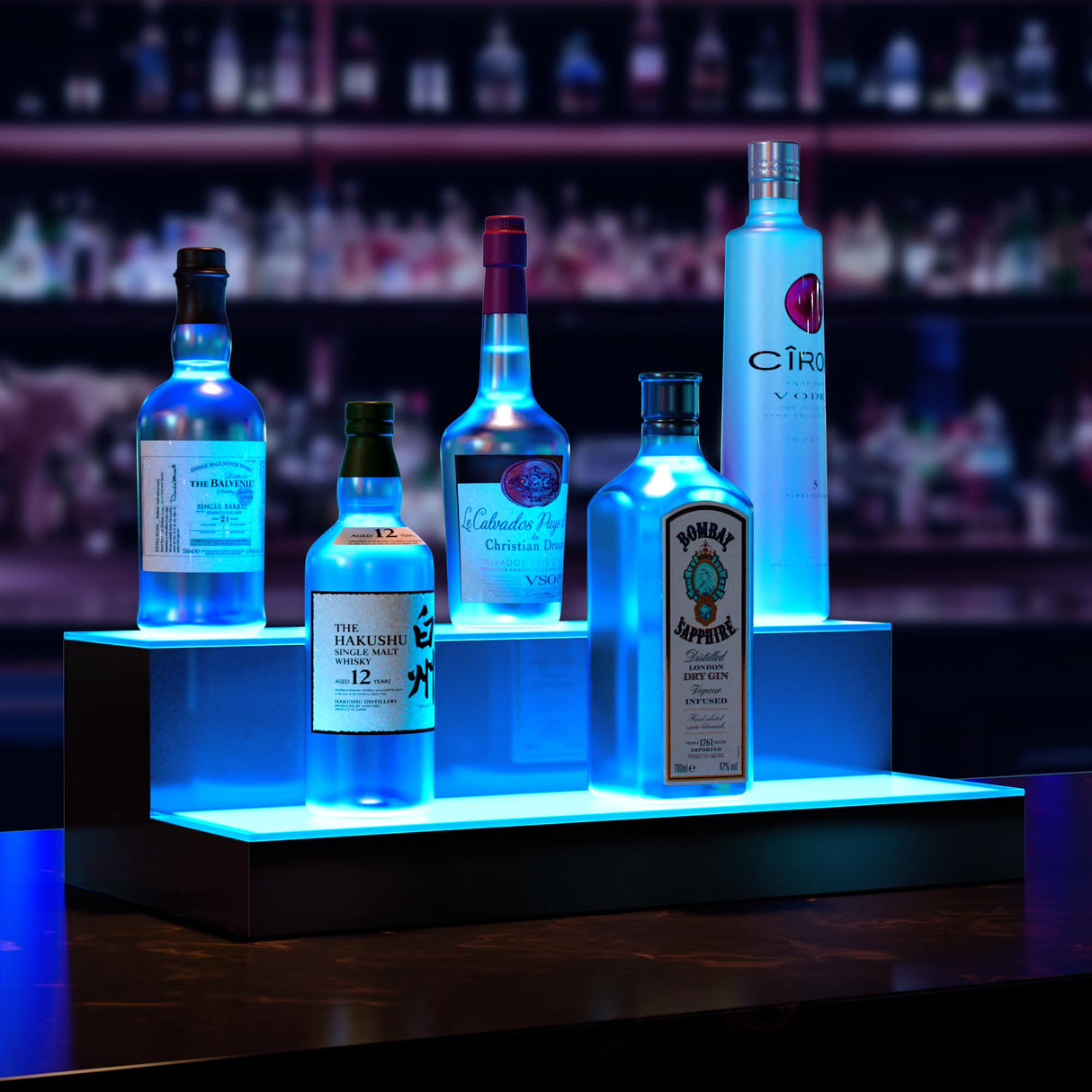 Boss Premium® BarUSA™ LED Lighted Bar Shelf Display Liquor Bottle Alcohol Whiskey Shelves Rack Stand Tray Units for Home Bar Living Room Accessories and Decor - Designed in USA (2-Step, 16 Inch) Boss Premium