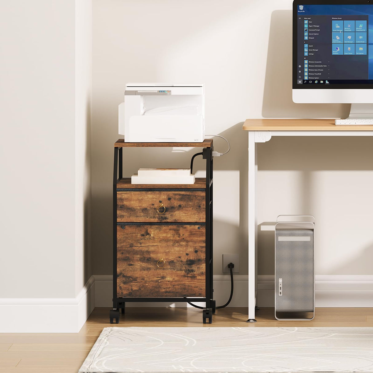 HOOBRO 2-Drawer Mobile File Cabinet, Filing Cabinet with Charging Station, Printer Stand with Open Storage Shelf, for A4/Letter Size, Home Office, Nonwovens Drawer, Rustic Brown and Black BF10UWJ01 HOOBRO