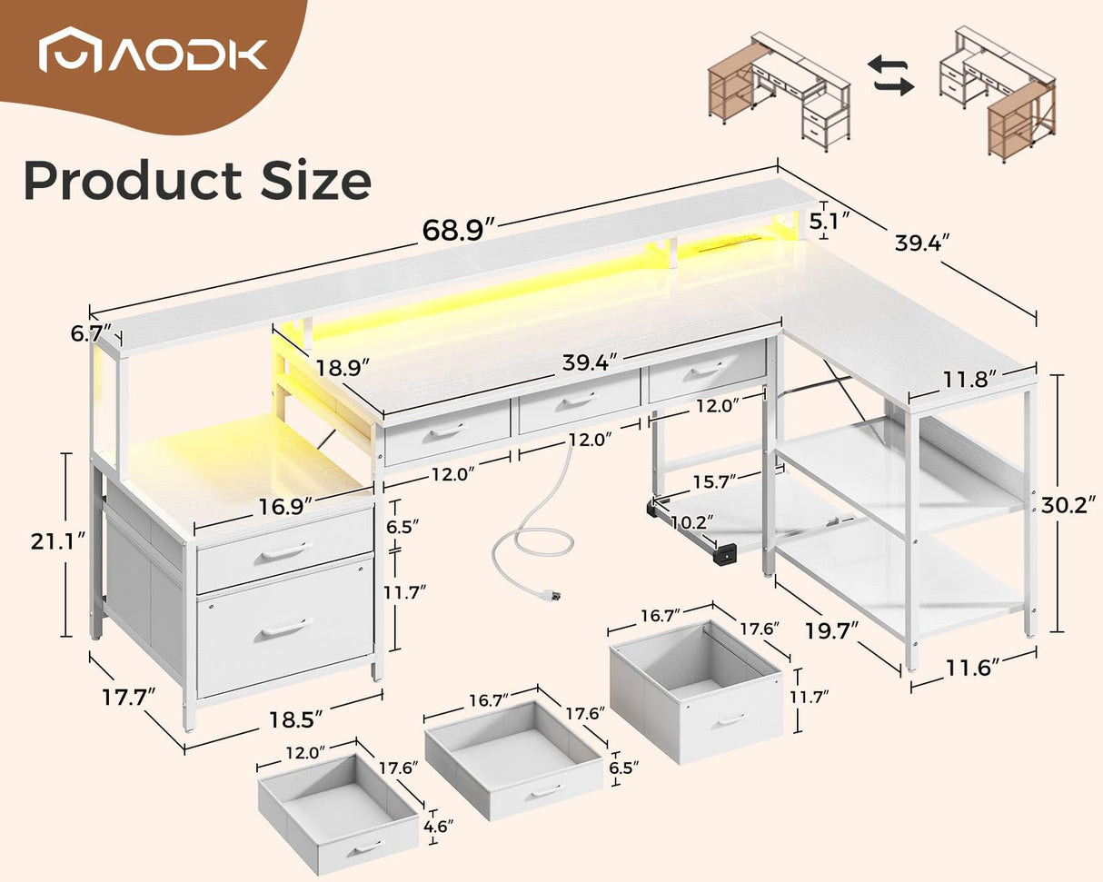 AODK L Shaped Desk with 5 File Drawers, 66" Reversible L Shaped Computer Desk with Power Outlet & LED Strip, Office Desk with Storage Shelves, Gaming Desk with Monitor Shelf, Corner Desk, White AODK