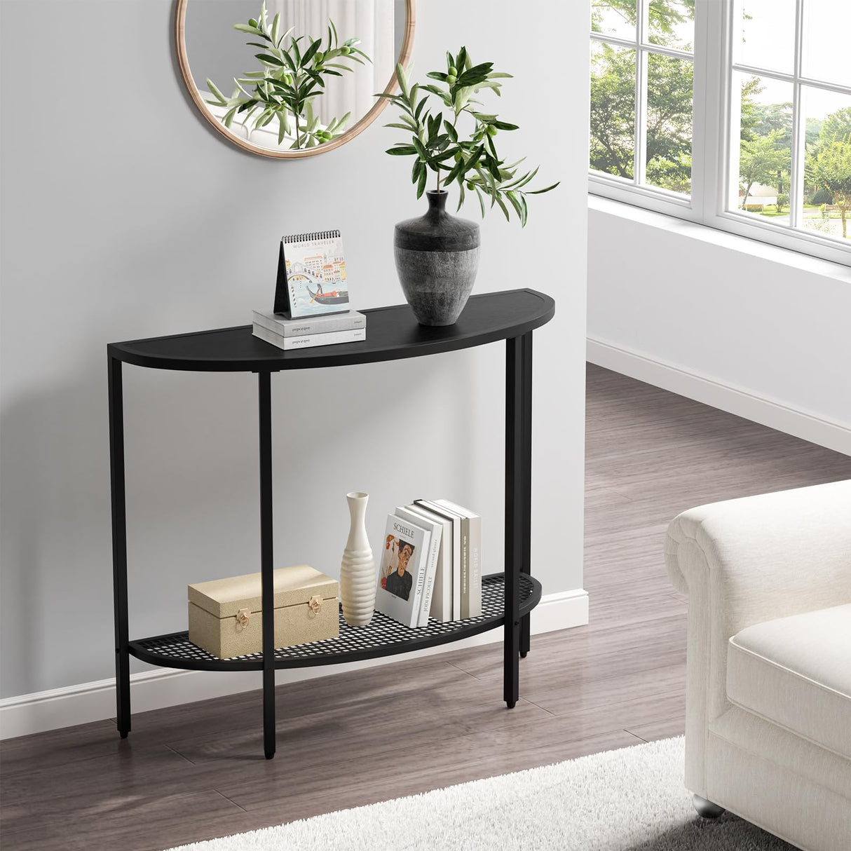SAYGOER Black Half Moon Console Table 2 Tier Narrow Entryway Table with Storage Modern Couch Table Small Entry Way Tables, Easy Assembly, All Black SAYGOER