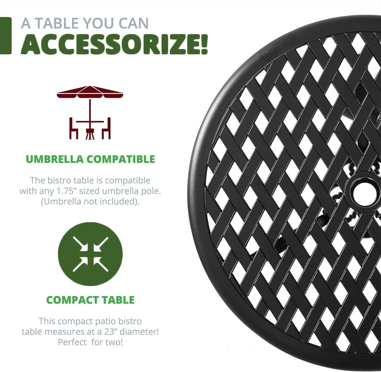 Lokingrise Outdoor Bistro Set 3 Piece Outdoor Bistro Table and Chairs Set Table with Umbrella Hole, Cushions, Cast Aluminum Patio Furniture for Porch, Backyard, Garden, Black Lokingrise