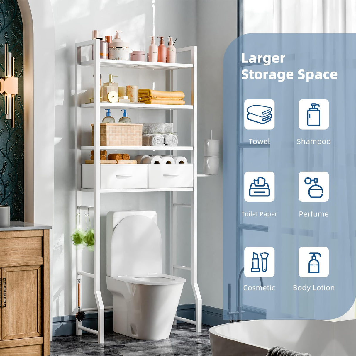 Simple Trending 4 Tier Over The Toilet Storage with Drawers, Heavy Duty Bathroom Stand Organizer Metal Shelves for Laundry, White Simple Trending