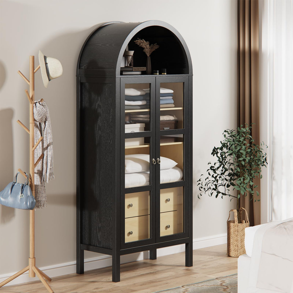 ROOMTEC Modern Farmhouse Arched Cabinet with Auto Sensor Light and Adjustable Shelves in Black Oak ROOMTEC