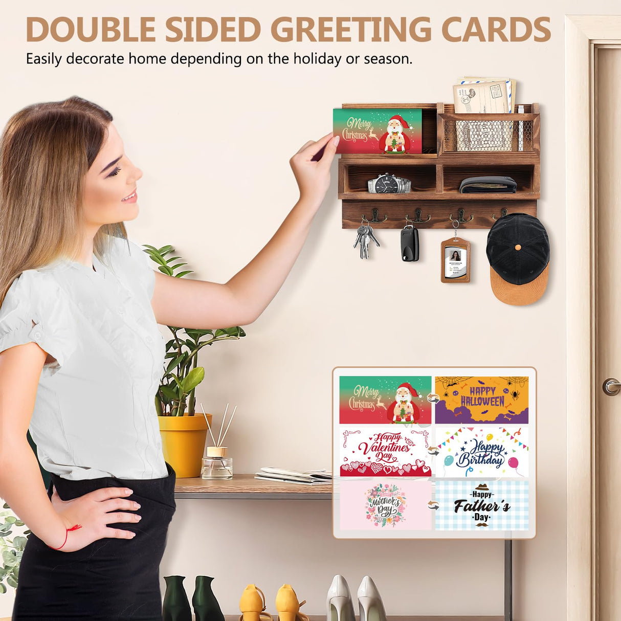 HOMEBROS Key Holder Wall Mount, Wooden Key Mail Holder with Chalkboard Mirror Greeting Cards Mail Key Organizer Storage Key Rack Shelf with 8 Key Hooks for Entryway Hallway Doorway HOMEBROS