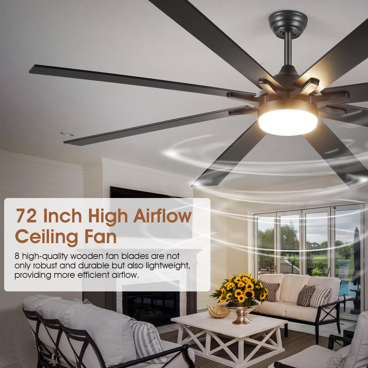 Kviflon 72 Inch Large Ceiling Fans with Lights and Remote, Indoor/Outdoor Black Modern Industrial Ceiling Fan with Light for Living Room Patios Porch, Reversible Quiet Motor, 8 Dual Finish Blades Kviflon