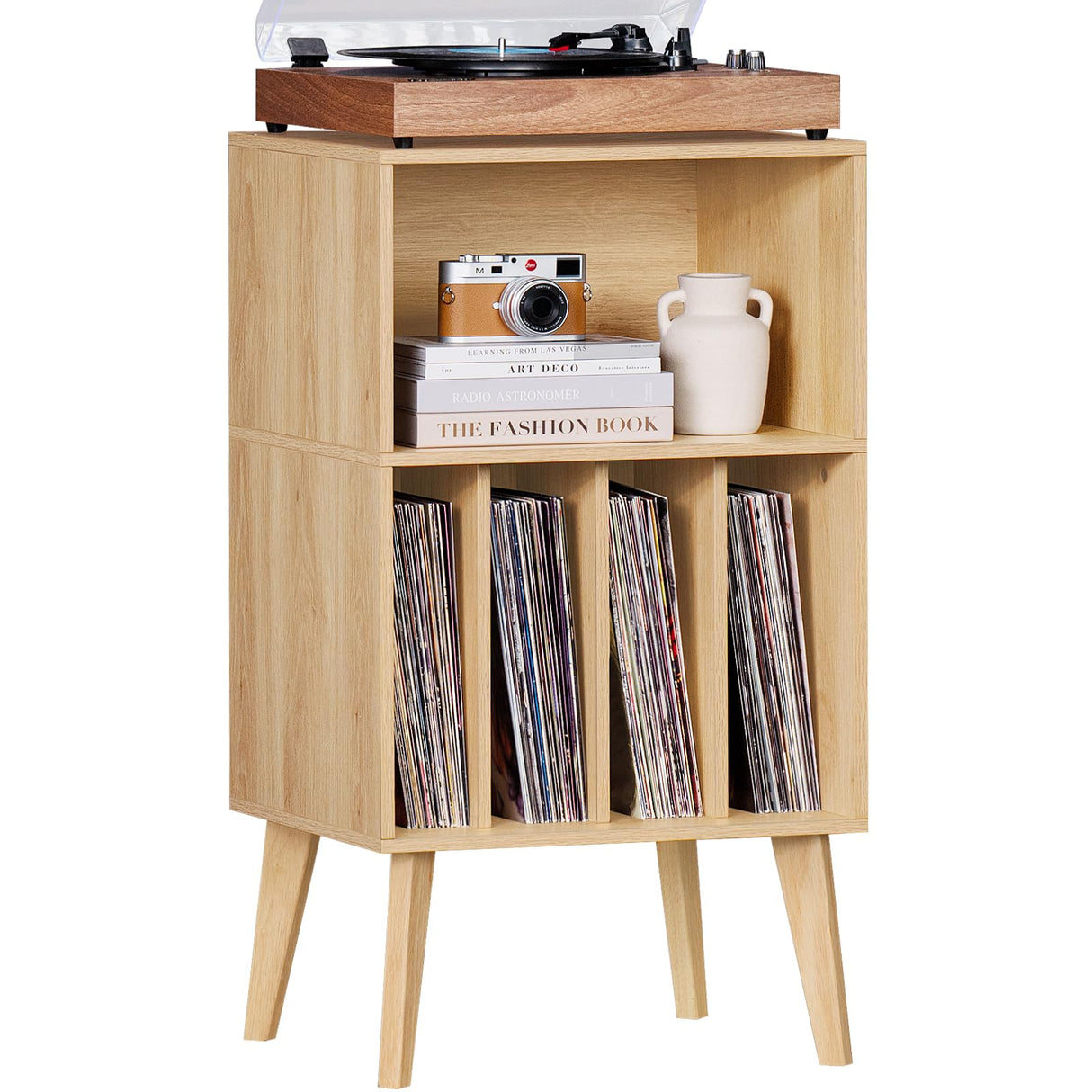 Lerliuo Record Player Stand, Burlywood Turntable Stand Holds up to 160 Albums, Mid-Century Vinyl Storage Cabinet Table with Solid Wood Legs, Record Player Holder Dispaly Shelf for Bedroom Living Room Lerliuo