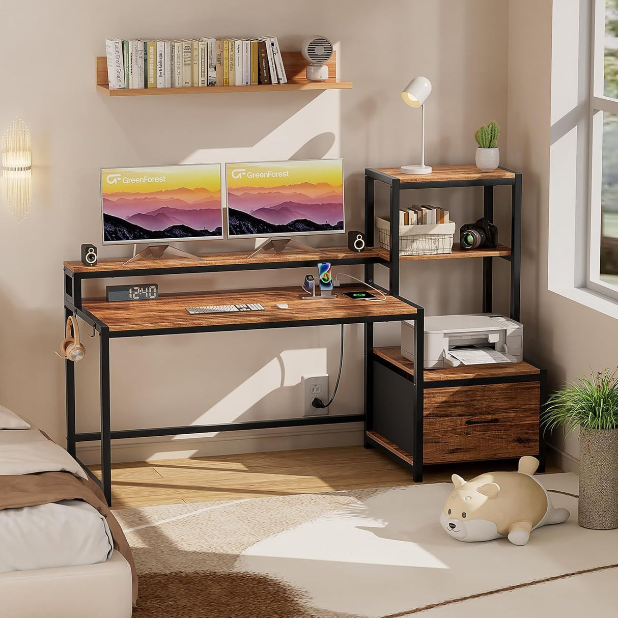 GreenForest Office Desk with Power Outlets and Printer Shelf, 59 inch Computer Desk with LED and Drawer, Reversible Gaming Desk with Storage for Home Study Working,Walnut GreenForest