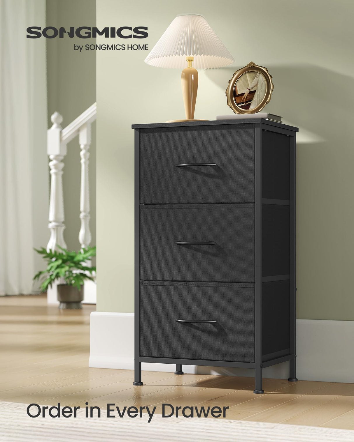 SONGMICS Dresser for Bedroom, Chest of Drawers, Steel, MDF, 3 Non-Woven Fabric Drawers, Storage Organizer Unit, Closet, Entryway, Ink Black and Ebony Black ULGS313B01S SONGMICS