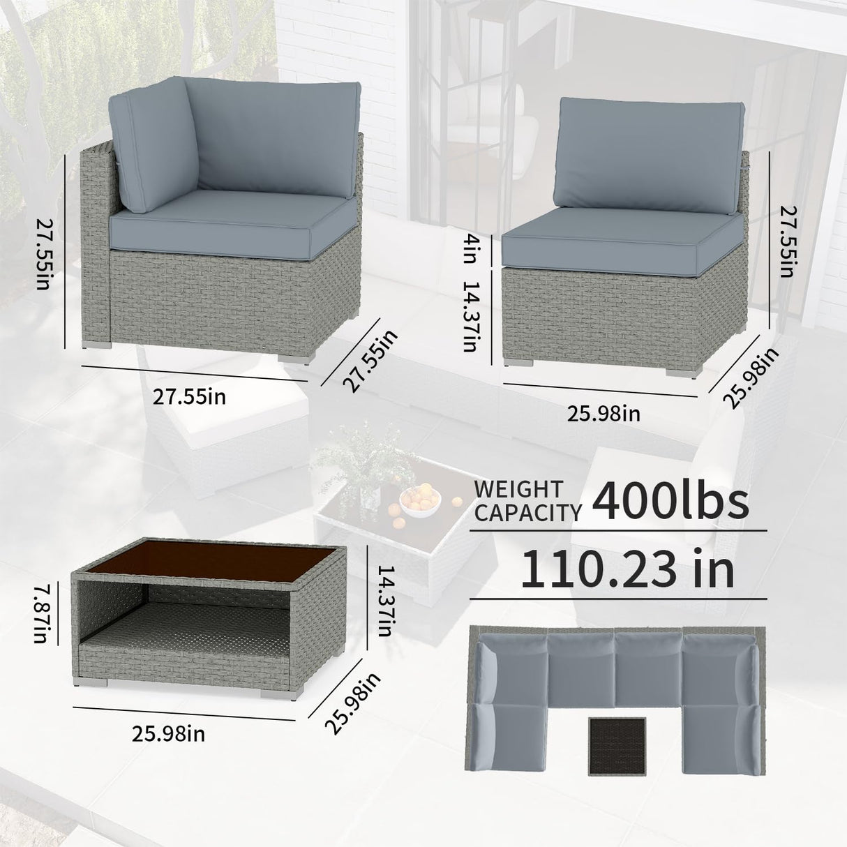 Aug-guan Patio Furniture Set 7-Piece, All-Weather Outdoor Conversation Set Sectional Sofa with Water Resistant Grey Thick Cushions and Coffee Table(Grey) Aug-guan