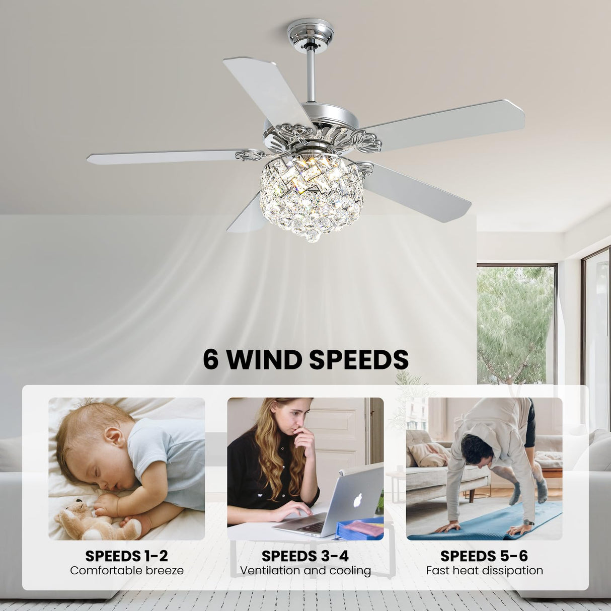 CROSSIO 52" Crystal Ceiling Fan with Light Dimmable LED Chandelier Ceiling Fan Modern Reversible Ceiling Fan Light Fixture with Remote for Bedroom Dining Room Living Room Chrome CROSSIO