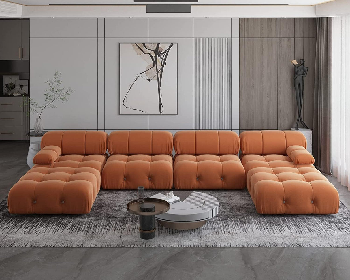 JACH U-Shaped Modular Sectional Couch, 138"" Minimalist Velvet Sofas, Convertible Couches, Mid-Century Modern Sectional Sofa with Chaise Ottomans for Living Room Apartment (Orange), 105OR-U-U JACH
