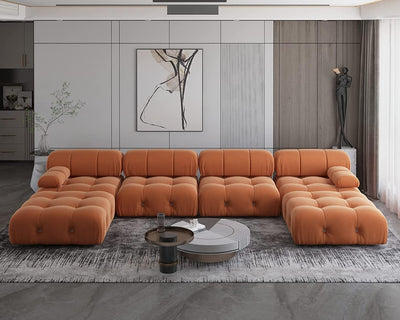 JACH U-Shaped Modular Sectional Couch, 138"" Minimalist Velvet Sofas, Convertible Couches, Mid-Century Modern Sectional Sofa with Chaise Ottomans for Living Room Apartment (Orange), 105OR-U-U