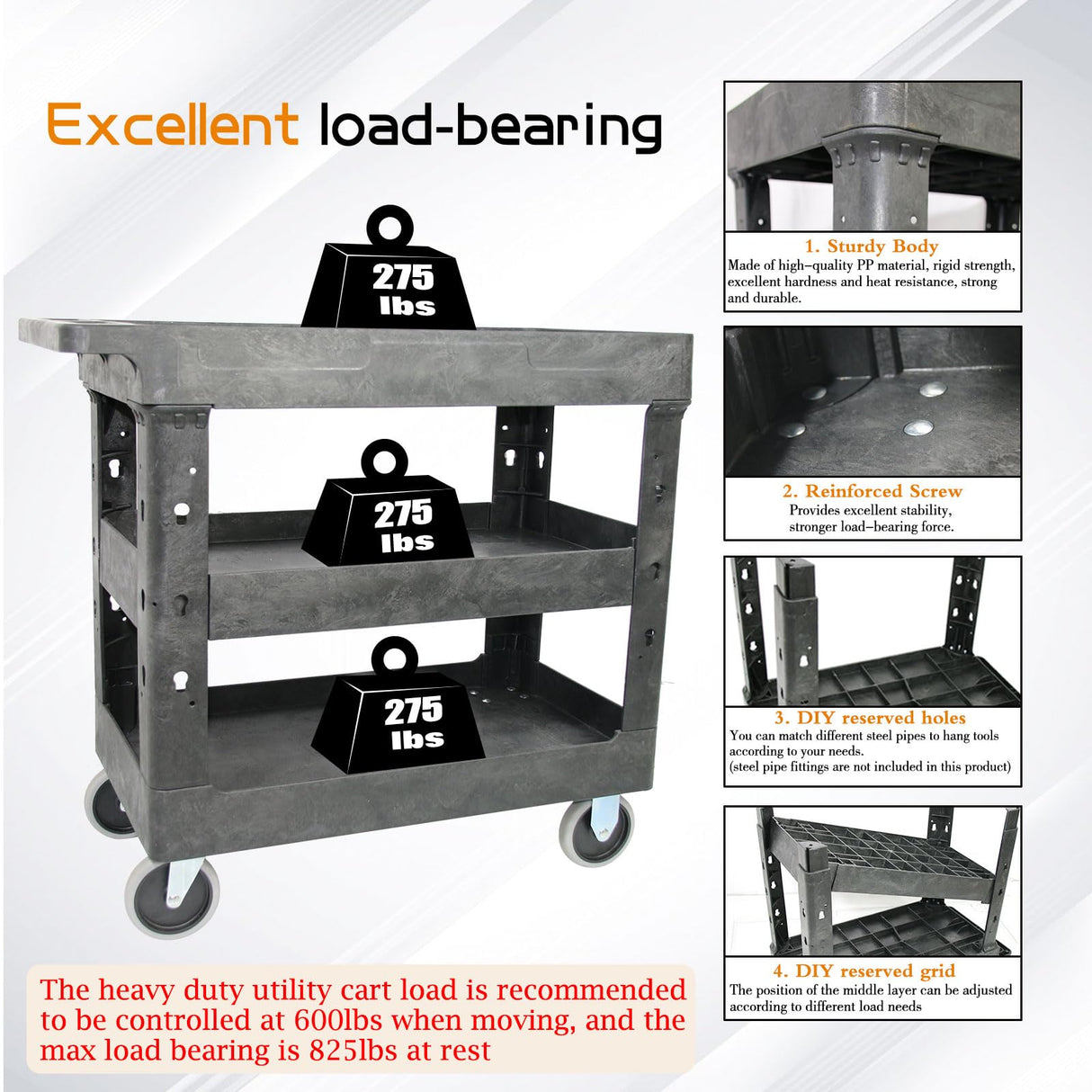 AQNIEGEP 3 Shelf Utility Cart Heavy Duty Rolling Cart with Brake Wheels Storage Service Cart w/Deep Shelves for Warehouse Workshop Cleaning Office Restaurant Commercial Moving 600lbs Capacity Black AQNIEGEP