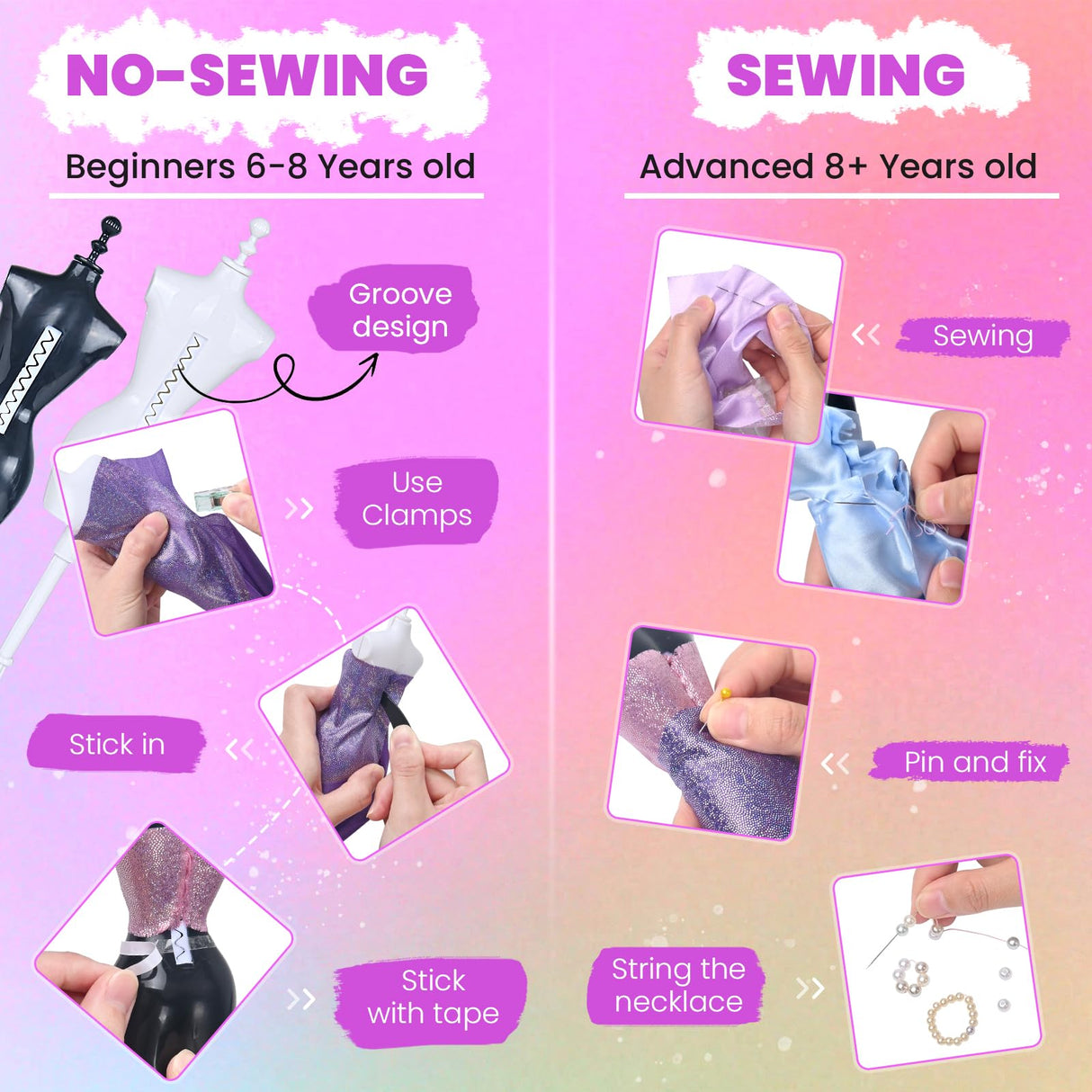 700+Pcs Fashion Designer Kit for Girls - Sewing Kit Arts and Crafts Set for Kids Ages 8-12 with 5 Mannequins & Instruction DIY Doll Clothes Making Learn to Sew Toys for Girls Christmas Birthday Gift nasominako