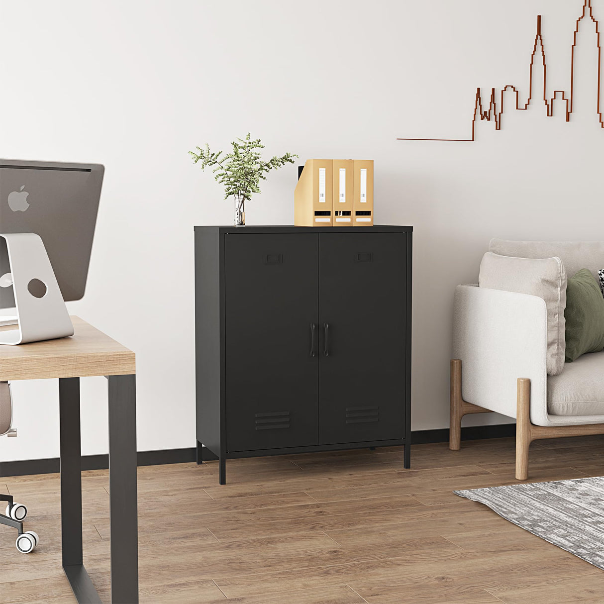 Steehoom Metal Storage Cabinet with 2 Door, Steel Locker Sideboard Buffet Cabinet Console Table for Home Office (Black) Steehoom