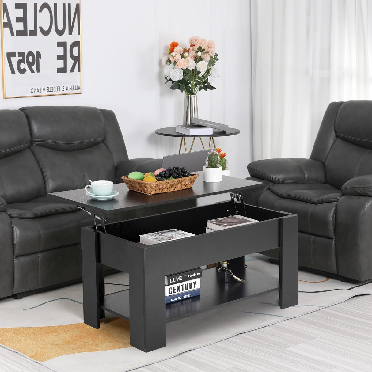 Ruesleag Lift Top Coffee Table w/Hidden Compartment and Storage Shelf,Retro Wooden Lift Tabletop Dining Table Multifunctional Wooden Working Table for Living Room Office Reception Room,39.4in L,Black Ruesleag