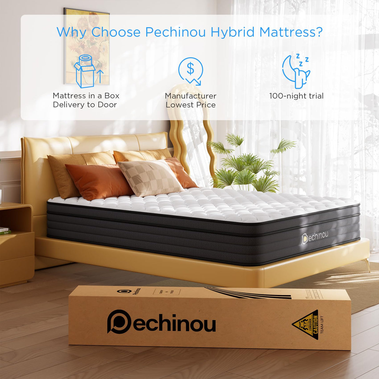 PECHINOU Queen Mattress,10 Inch Queen Size Hybrid Mattress in a Box with Memory Foam, Soft and Comfortable, Pressure Relief, Cool and Breathable, CertiPUR-US, Medium Firm PECHINOU