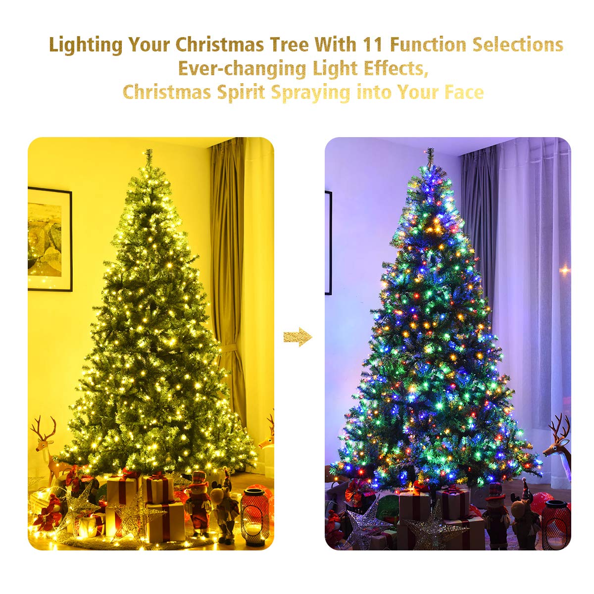 Goplus 8FT Pre-Lit Artificial Christmas Tree Auto-Spread/Close up Branches 11 Flash Modes with Multicolored 750 LED Lights & Metal Stand Goplus