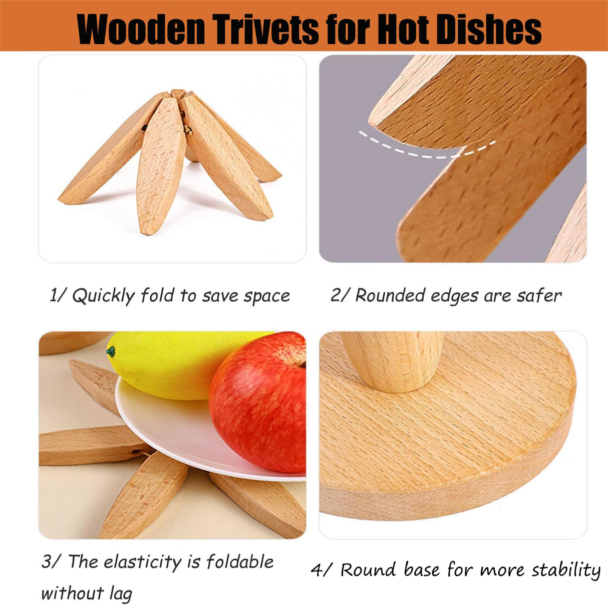 Wooden Trivets for Hot Dishes, Tree Shape Trivet Set, Foldable Kitchen Wooden Trivets, Tree Coaster for Hot Dishes、Pot、Bowl、teapot、hot Pot Holders (4 Piece-Walnut) SSFUN