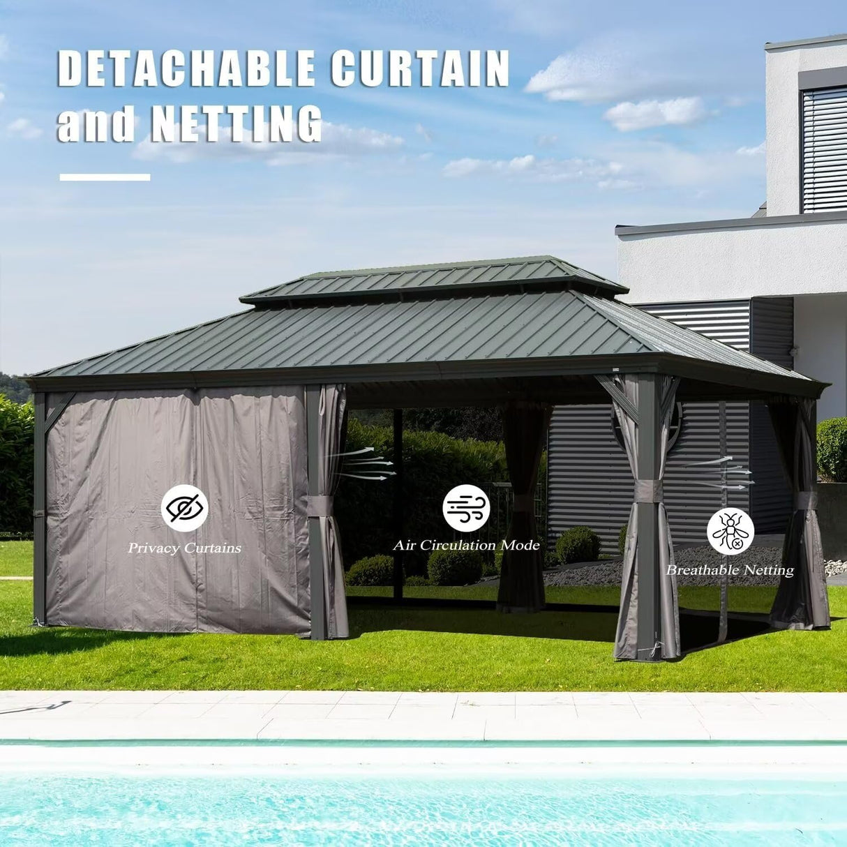 Domi 12'x20' Hardtop Gazebo Canopy,Outdoor Aluminum Gazebo with Galvanized Steel Double Roof,Large Permanent Gazebo Pavilion for Patio Deck Backyard,Curtain and Netting,Grey domi outdoor living