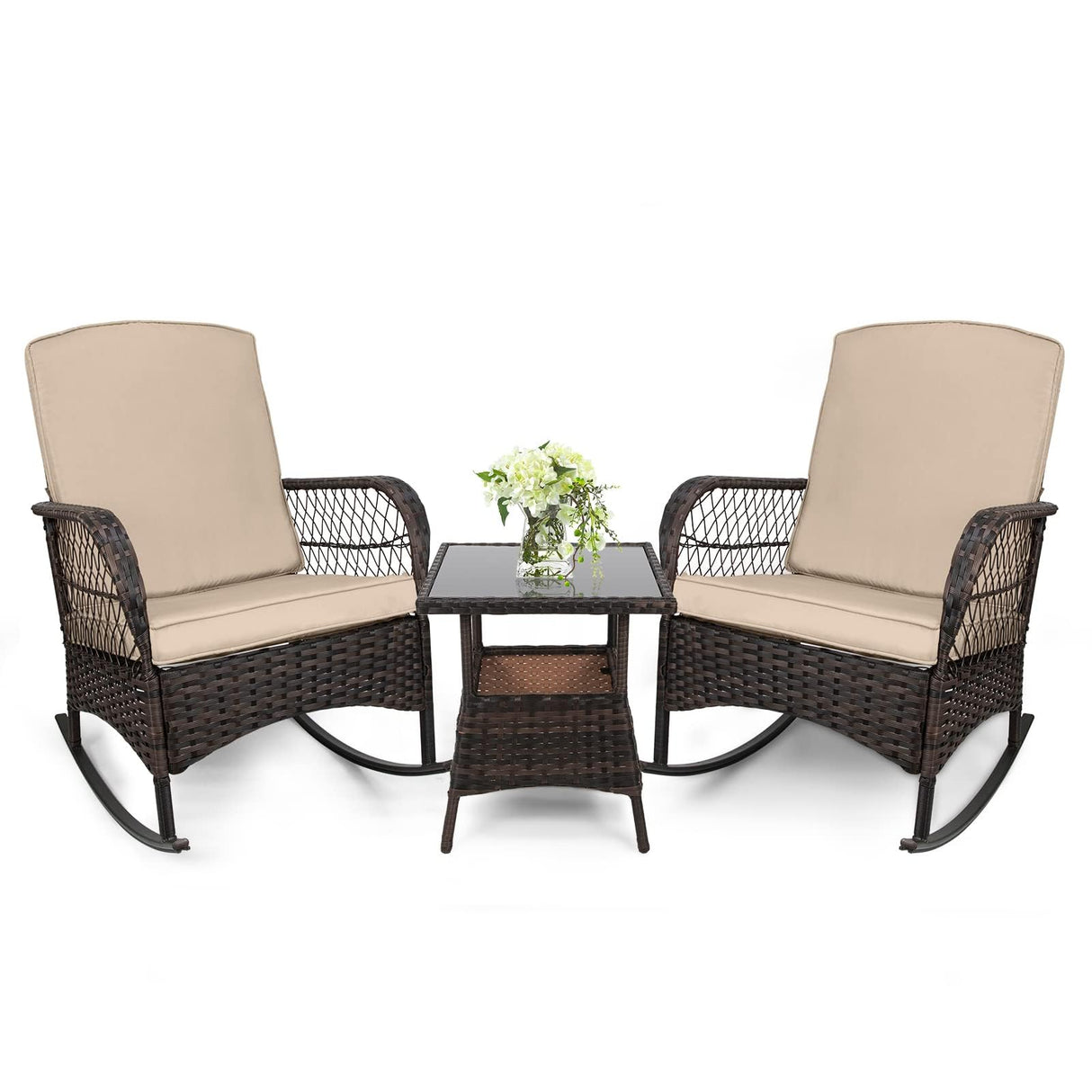 LEVELEVE 3 pcs Rocking Bistro Set Conversation Chairs PE Wicker Outdoor Rocking Chairs & Glass Table,for Porch Lawn Garden Backyard Deck(Rocking Set,Khaki) LEVELEVE