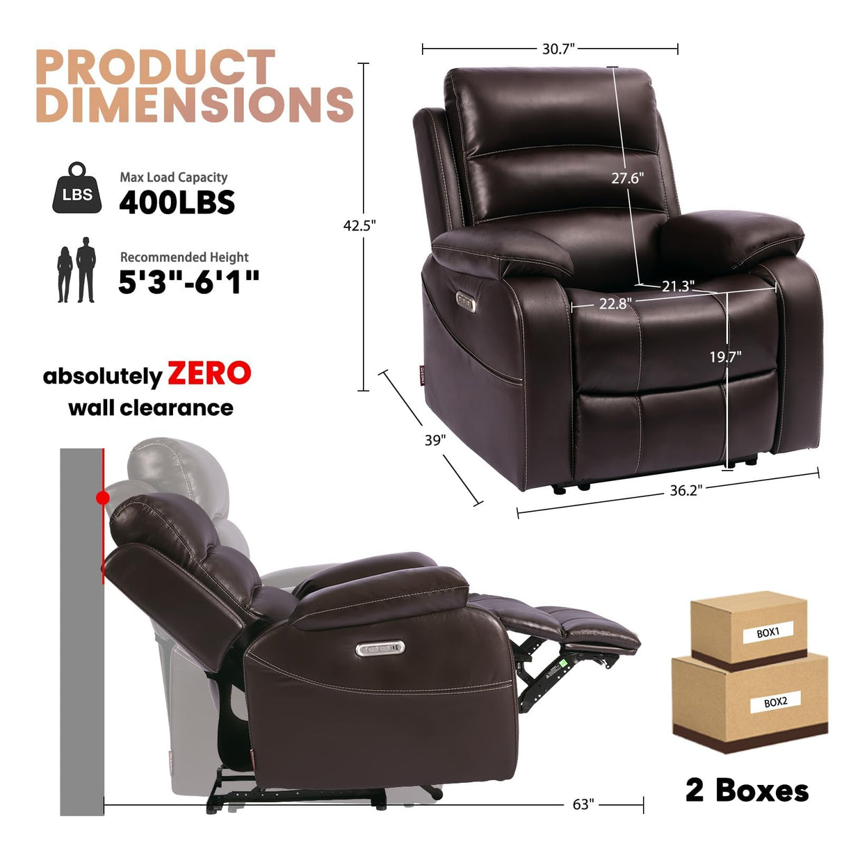 EONIX Real Zero Clearance Wall Hugger Recliners, Power RV Recliner Chairs for Small Spaces, Dual Motor Home Theater Recliners with Massage and Heat, SXXY003992, Dark Brown EONIX