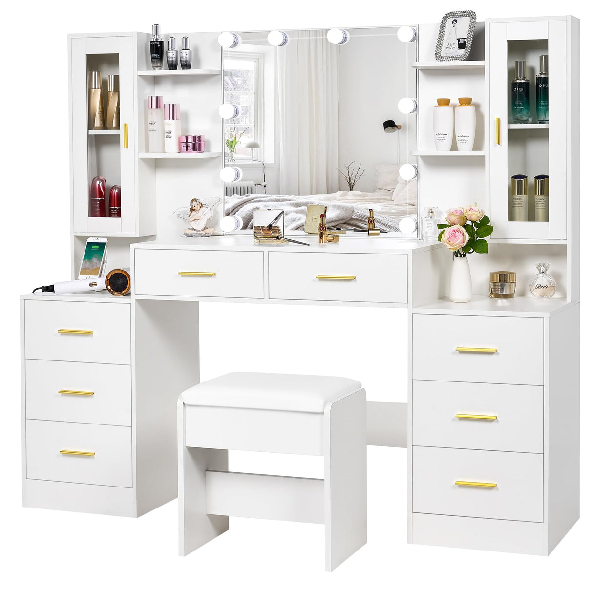 ANWBROAD 59.1" Large Vanity Desk Table with Mirror & Lights White Makeup Vanity with Power Outlet and 8 Drawers 2 Cabinets 3 Lighting Modes Adjustable Vanity Table for Bedroom Dressing Room UBDT67W ANWBROAD