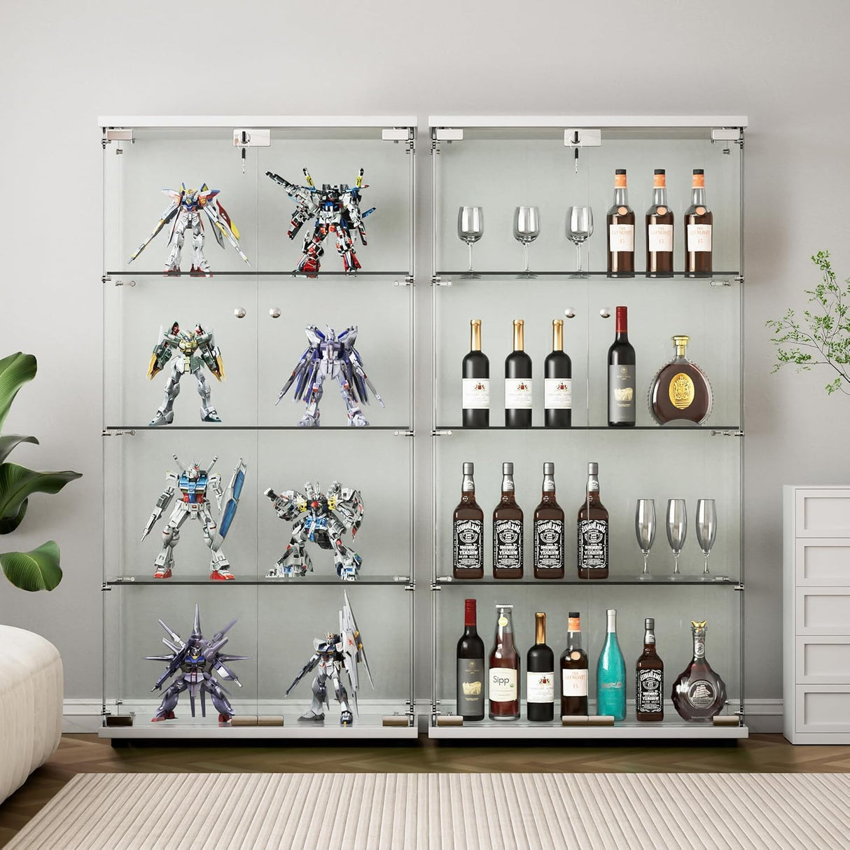 Maotifeys 64" Glass Cabinet, 4 Shelves Glass Display Cabinet with LED Lights, Glass Storage Cabinet with 2 Doors, Curio Cabinet Toy Organizers Rack, Display Shelf, Kids Bookshelf for Bedroom, White Maotifeys