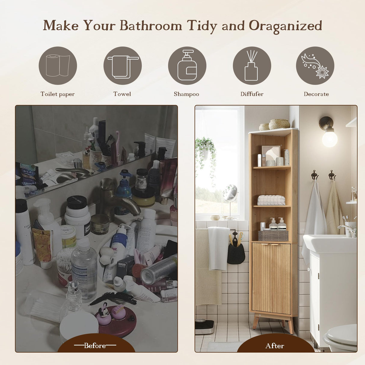 Grepatio 68" Tall Corner Cabinet with Fluted Door, Corner Shelf Storage Cabinet, Freestanding Bathroom Shelf with 3 Adjustable Shelves, Faux Marble Top, Curved Profile Design for Bathroom, Living Room Grepatio