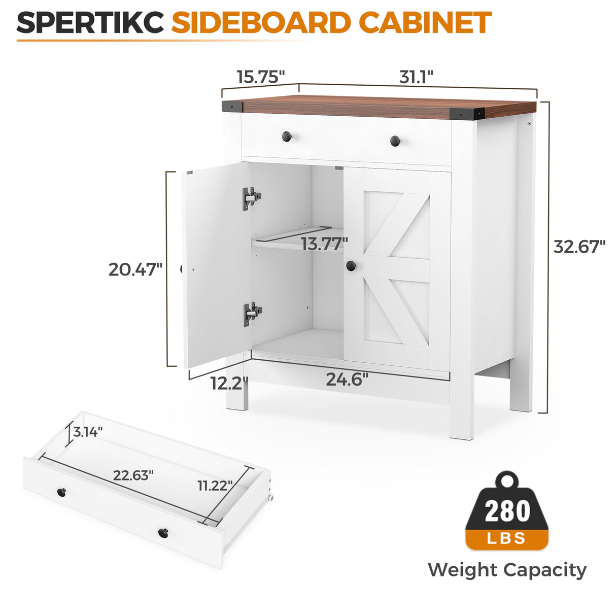 SPERTIKC Coffee Bar Cabinet, Farmhouse Sideboard Buffet Cabinet with Storage, White Kitchen Storage Cabinets with Large Drawer,2 Doors, Adjustable Shelves for Dining Room,Living Room SPERTIKC