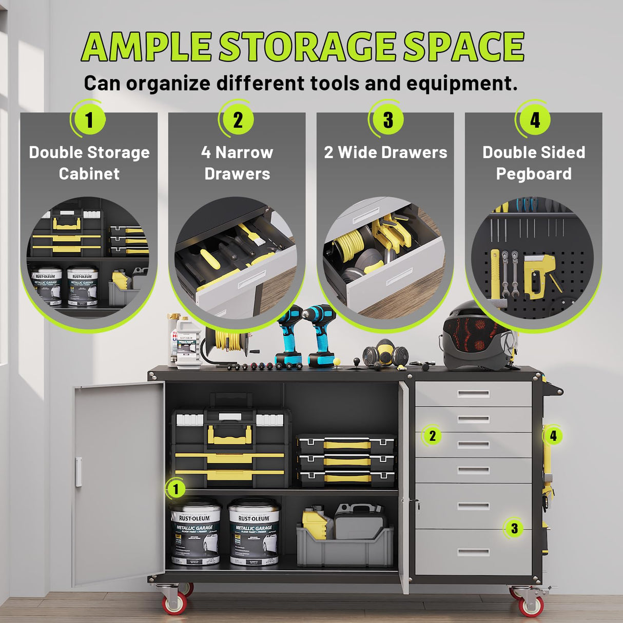 Rumetol 55"W Heavy Duty Rolling Workbench with Drawers and Storage,1000 LBS Capacity Work Bench with Lockable Cabinet & Adjustable Shelf,Garage Workbench with Pegboard & Wheels for Garage/Repair Shop Rumetol
