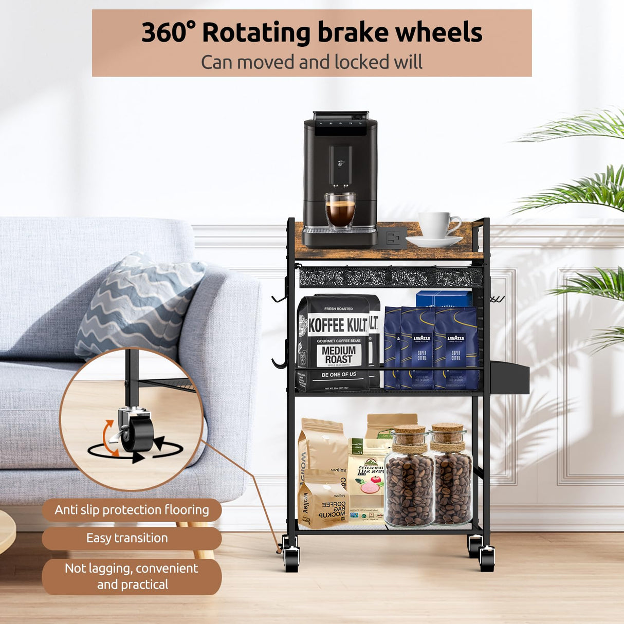 Kwynsa Coffee Bar Cabinet with Power Outlet, Coffee car with Lockable Wheels,Coffee Pod Holder,for Office,Living Room and Small Space,(Rustic Brown) Kwynsa