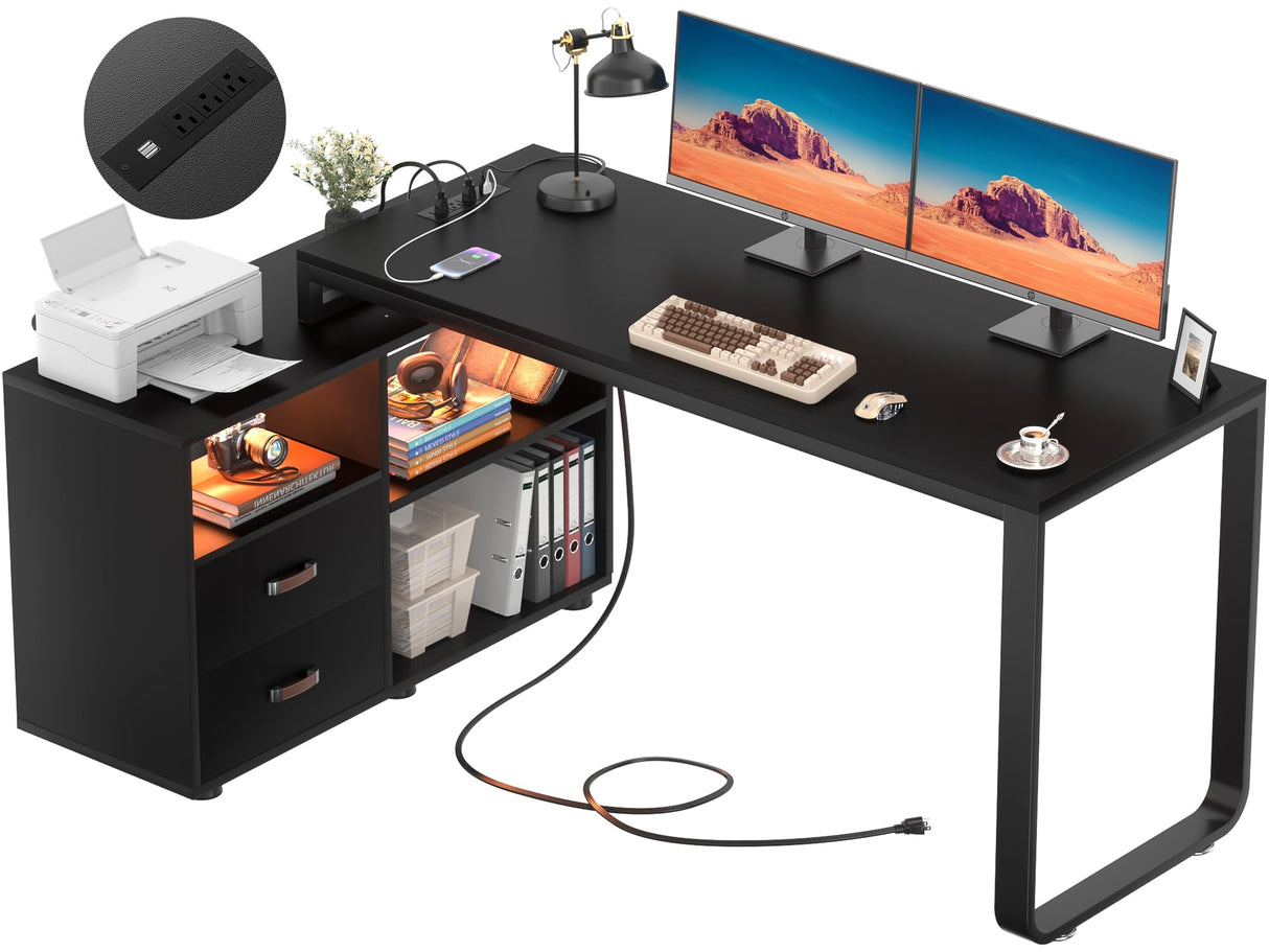 Homieasy L Shaped Desk with File Cabinet & Power Outlet, Reversible 55 Inch Large Corner Computer Desks with LED Strip, L-Shaped Computer Desk with Homieasy
