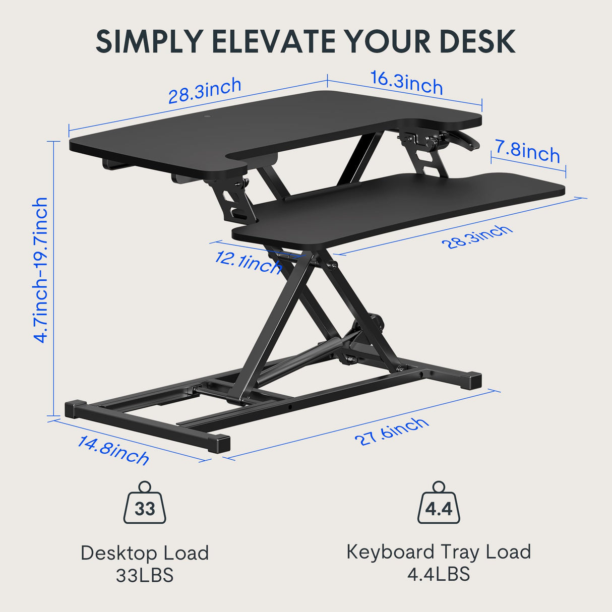 FLEXISPOT 28'' Black Height Adjustable Standing Desk Converter Sit-to-Stand Desk Riser with Wide Keyboard Tray Workstation for Home and Office FLEXISPOT