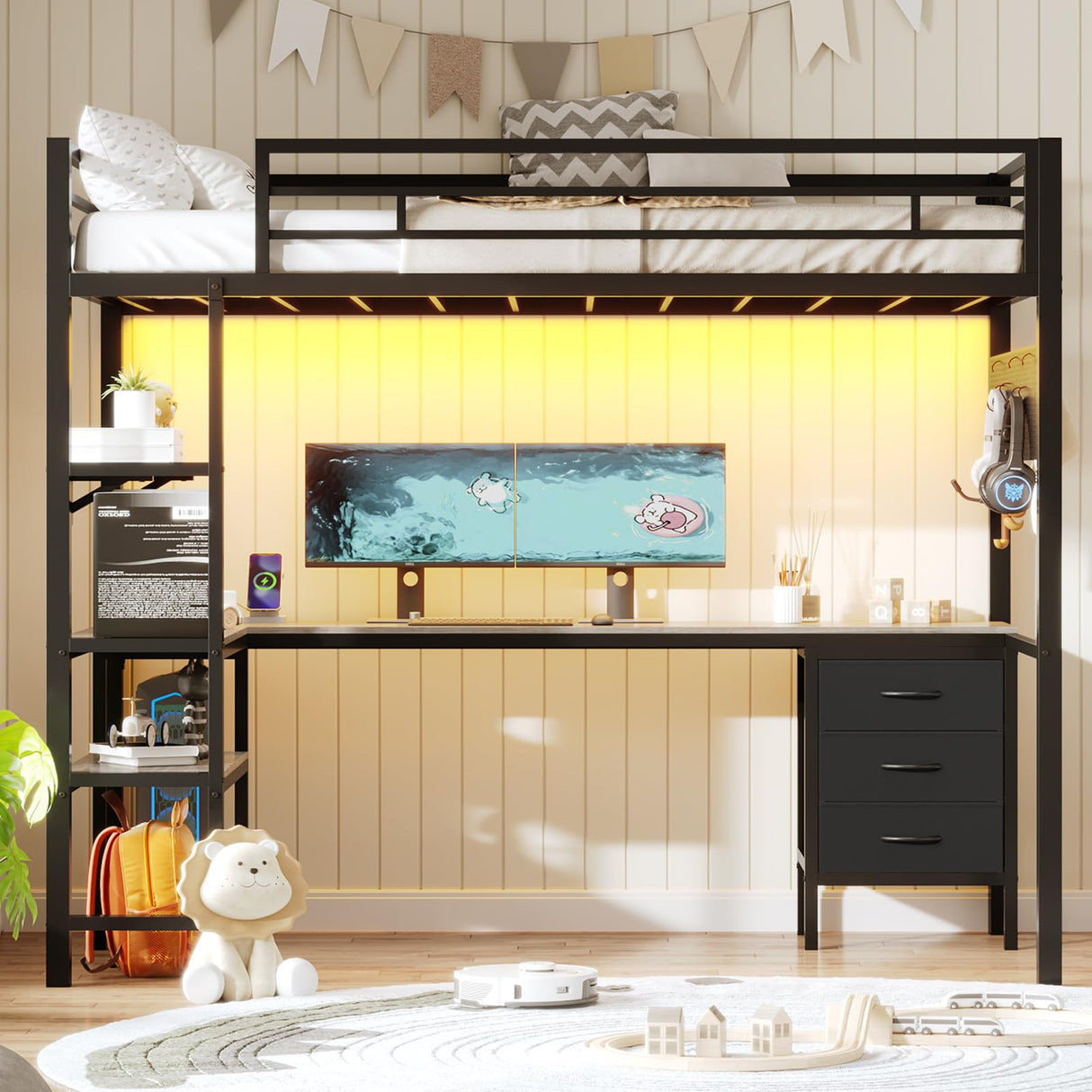 BTHFST Loft Bed Twin Size with L-Shape Desk & RGB LED Lights & Charging Station, Twin Bunk Bed with Fabric Drawers & Shlves, 13.4'' H Safety Guardrail, Noise Free, No Box Spring Needed BTHFST