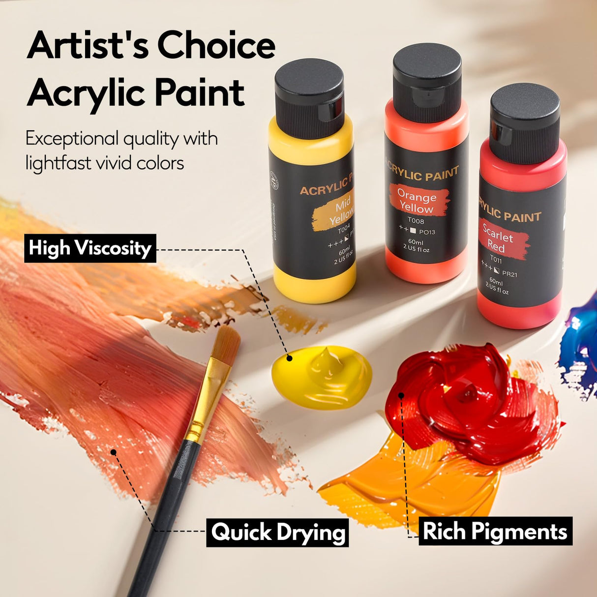 Acrylic Paint Set with 12 Art Brushes, 36 Colors (2 oz/Bottle) Acrylic Paint for Painting Canvas, Wood, Ceramic and Fabric, Paint Set for Beginners, Students and Professional Artist, Rich Pigments TMOL