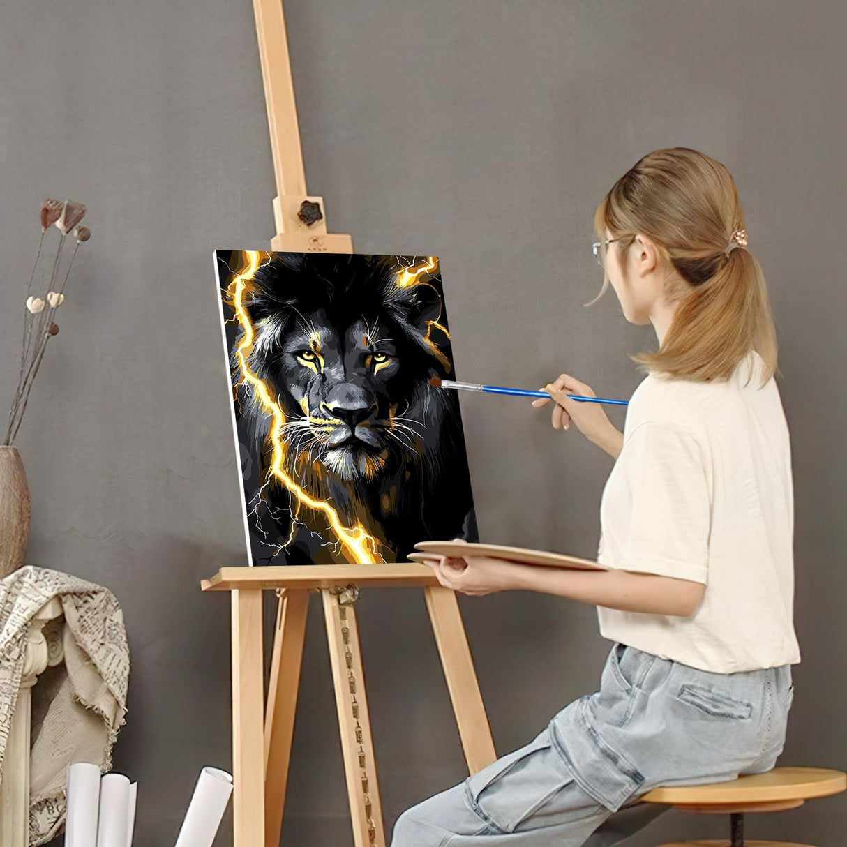 SENQAO Framed Paint by Numbers Kit for Adults Beginners with Wooden Easel, Black Lion Easy Paint by Number Kit with Frame, Watercolor Adult Paint by Number Framed Canvas 7.8x11.8inch SENQAO