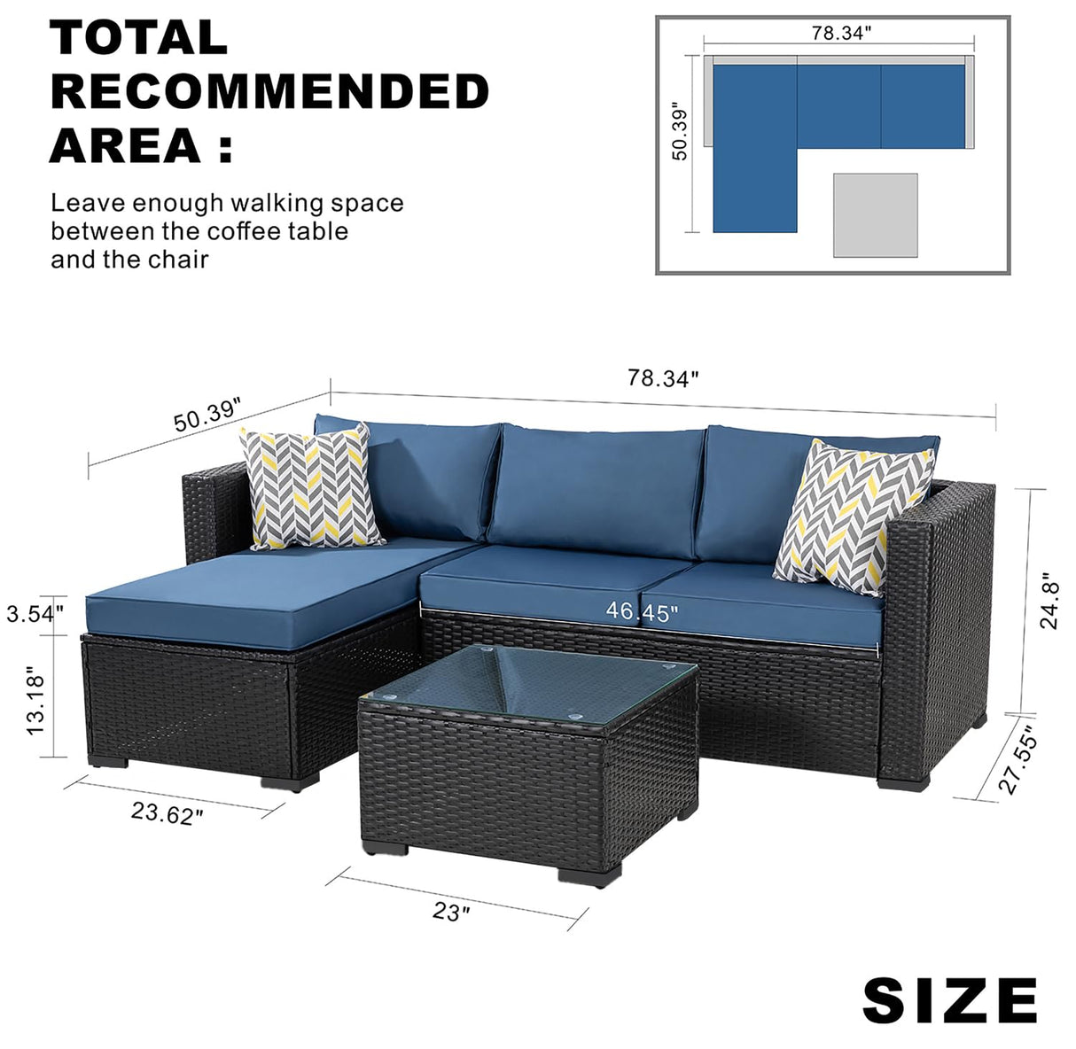 Vongrasig 5 Pieces Patio Furniture Sets, Wicker Outdoor Sectional Furniture with Glass Table and Cushions, Rattan Patio Conversation Sets for Garden, Poolside, Backyard(Dark Blue) Vongrasig