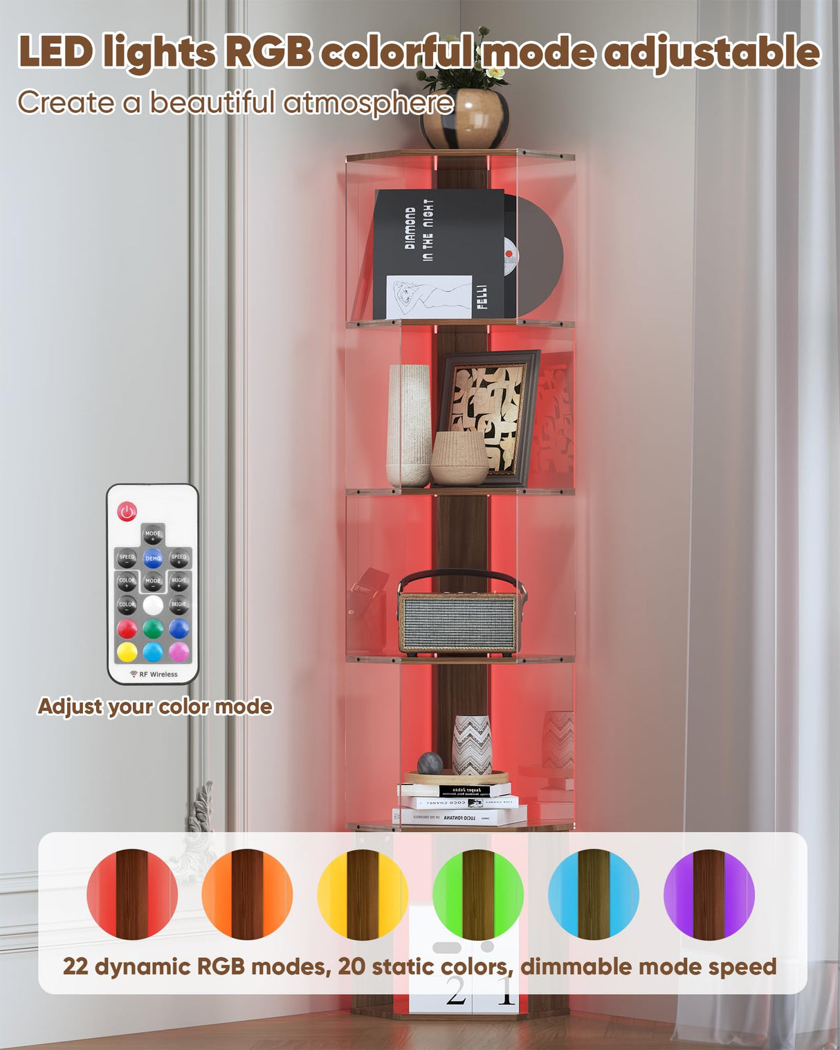 6 Tier Corner Shelf with Adjustable LED Light Corner Shelf Stand 62.8in High Acrylic Corner Display Cabinet for Living Room Bedroom Study Room Baoz